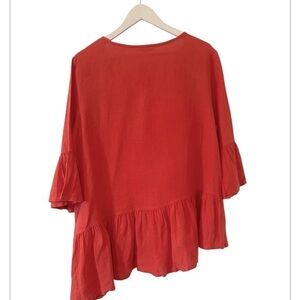 Bryn Walker Cotton Gauze Ruffled Top Tunic Bell Sleeves Angled Hem